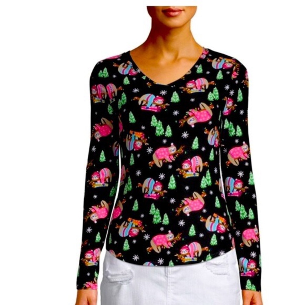 NoBo Christmas Holiday Sloth Long Sleeve Tee Size 3XL Super Stretch Black Lounge
